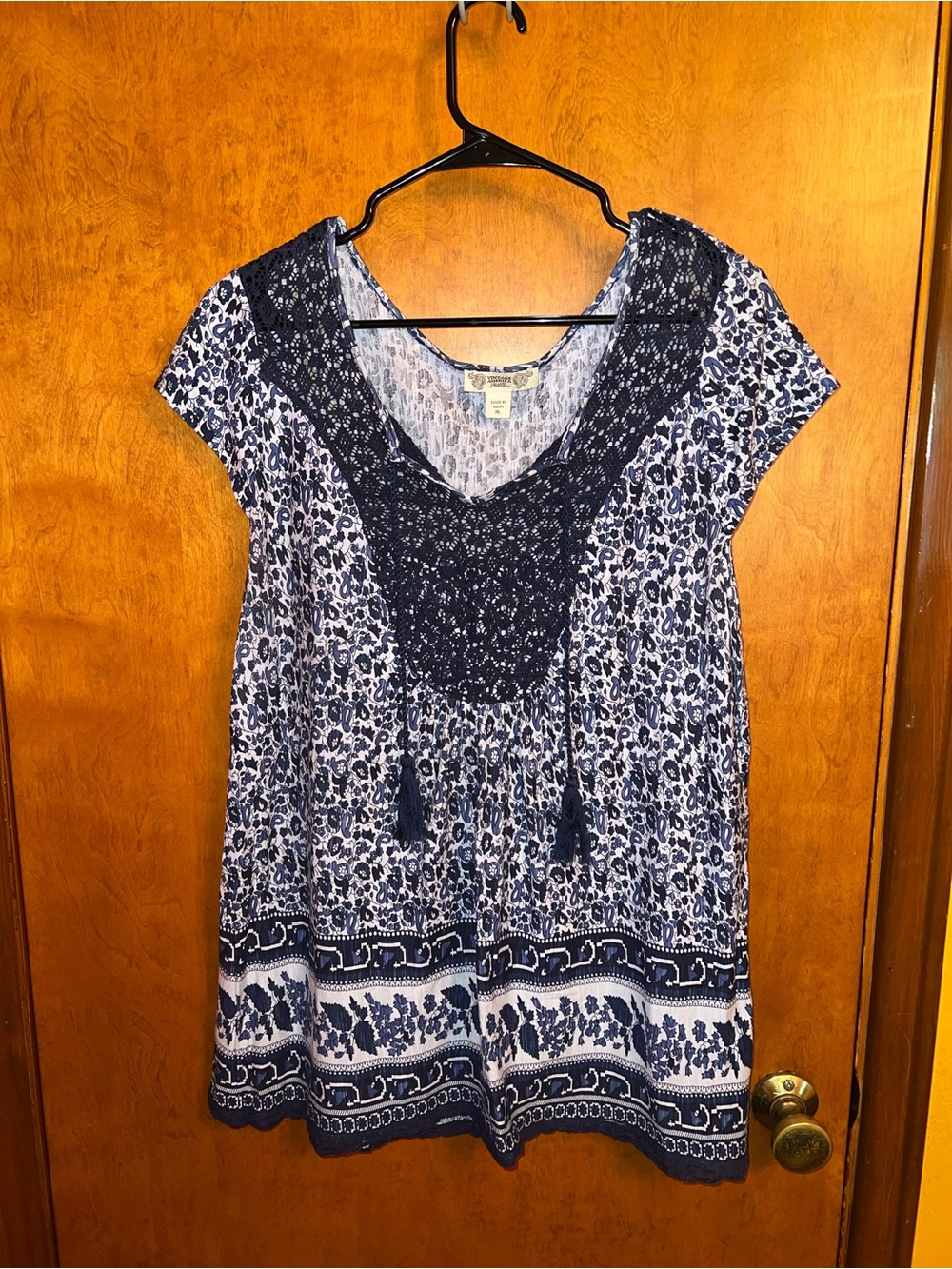Vintage America Navy and White Floral Crochet-Yoke Blouse
